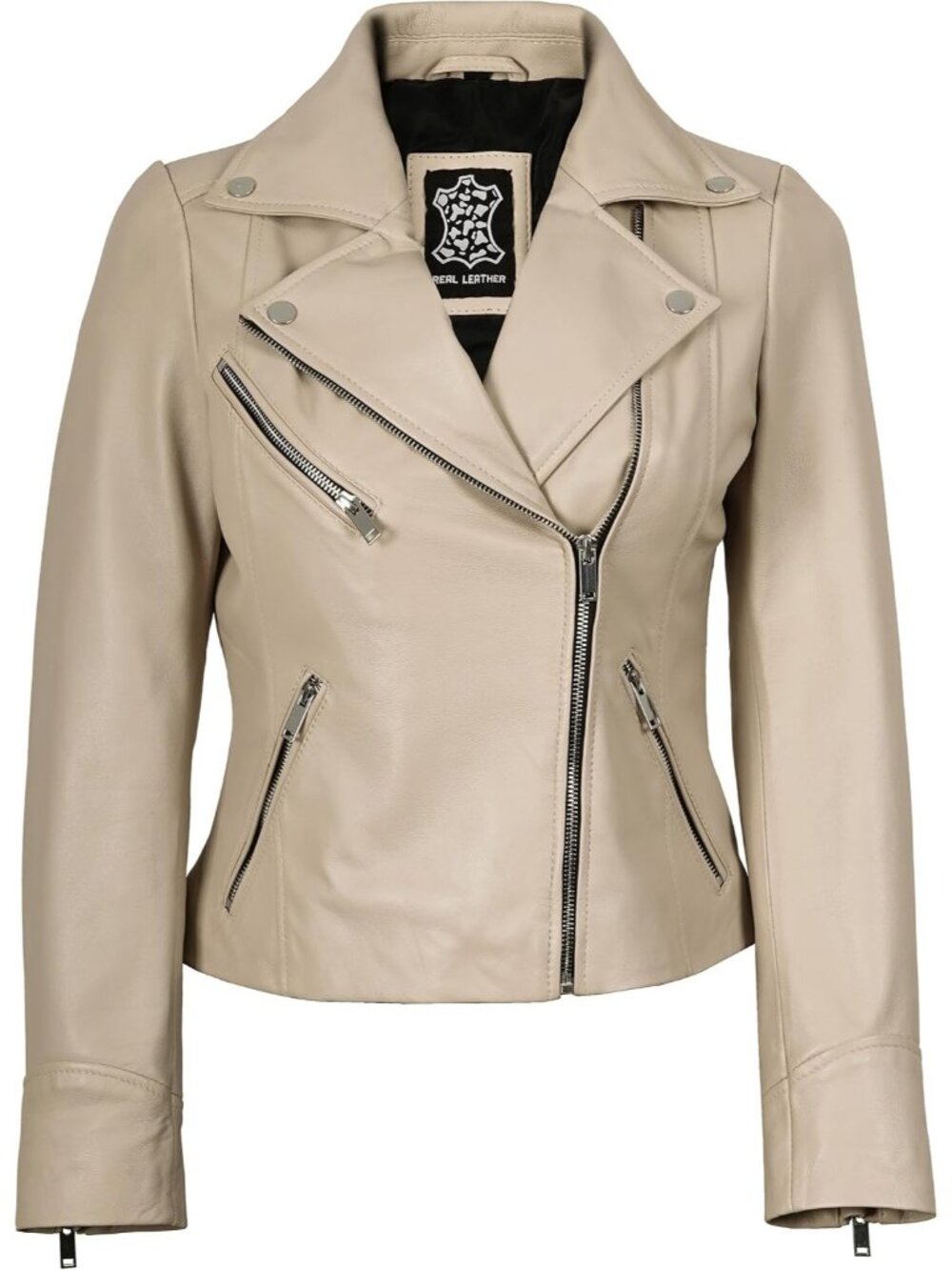 Women’s Real Lambskin Leather Asymmetrical Moto Biker Jacket- Beige